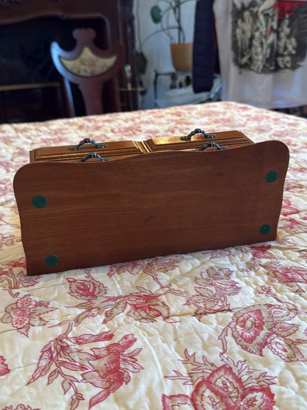 Vintage Wooden Four-Drawer Jewelry Box with Ornate Handles Brown